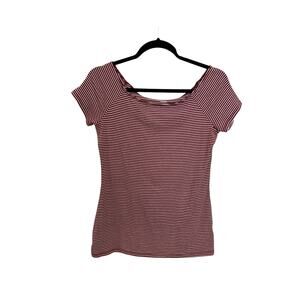Old Navy Shirt Womens Medium Boat Neck Tee Burgundy White Striped Short Sleeve